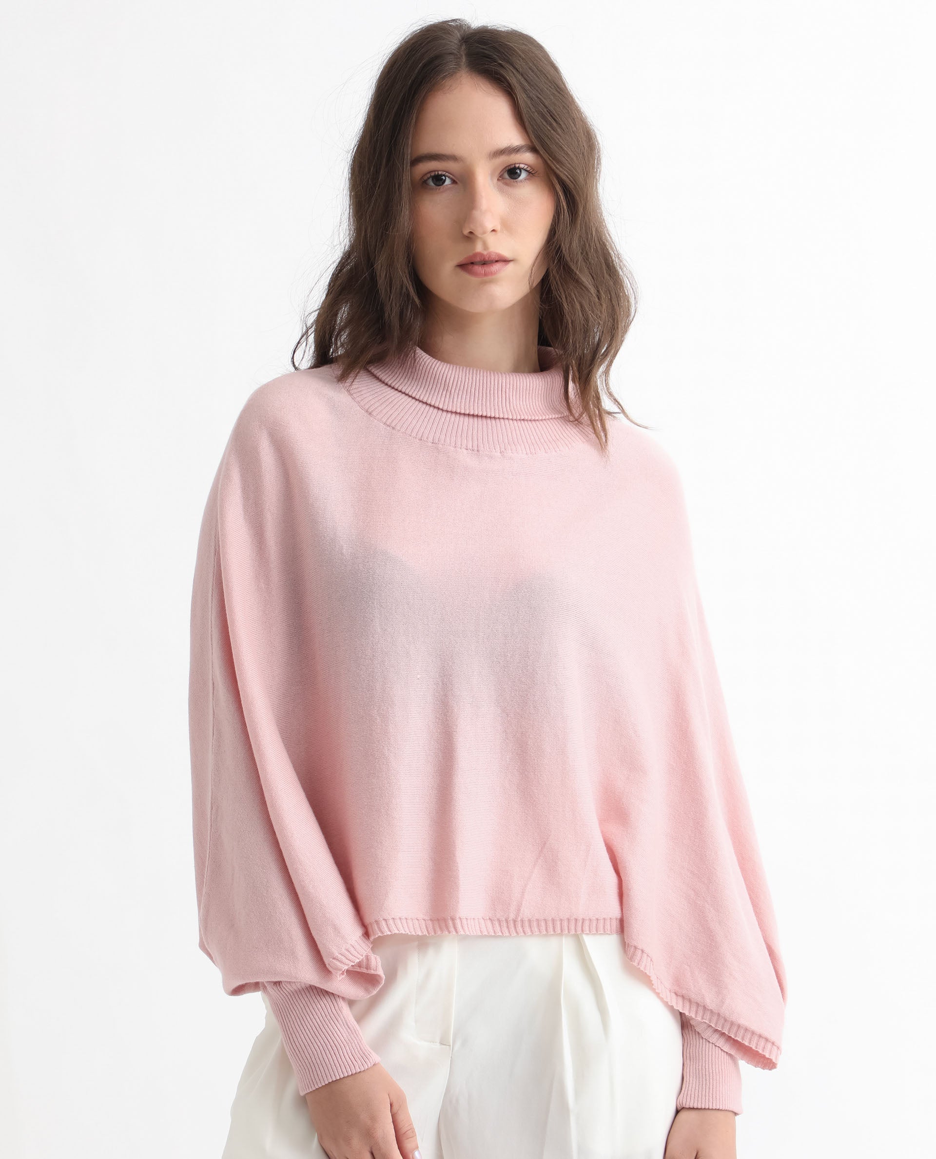 Rareism Women's Modem Pink Cotton High Neck Plain Volume Sleeve Relaxed Fit Sweater