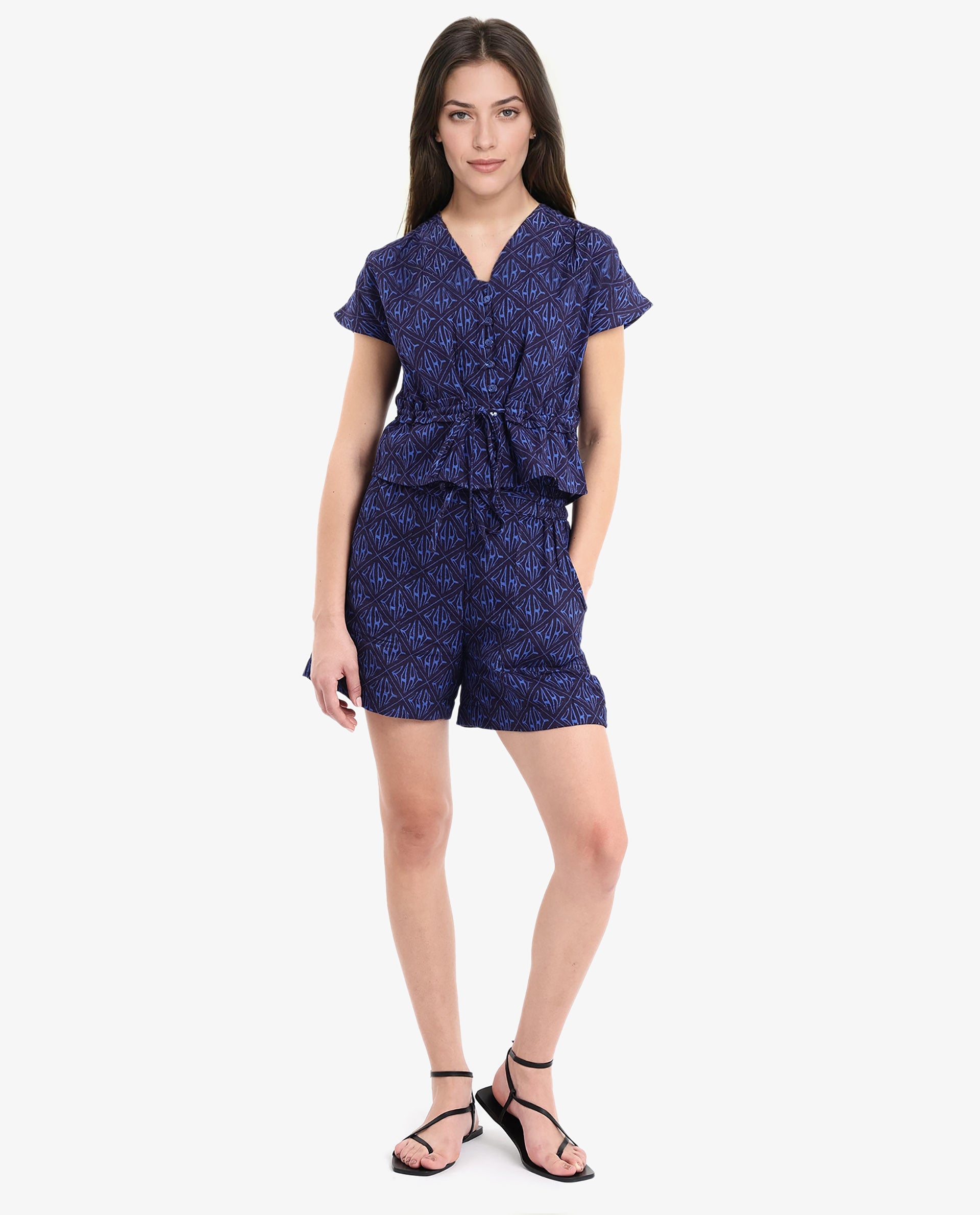 Rareism Women's Parma Dark Blue Cotton Blend Monogram Print Mini Regular Fit Shorts