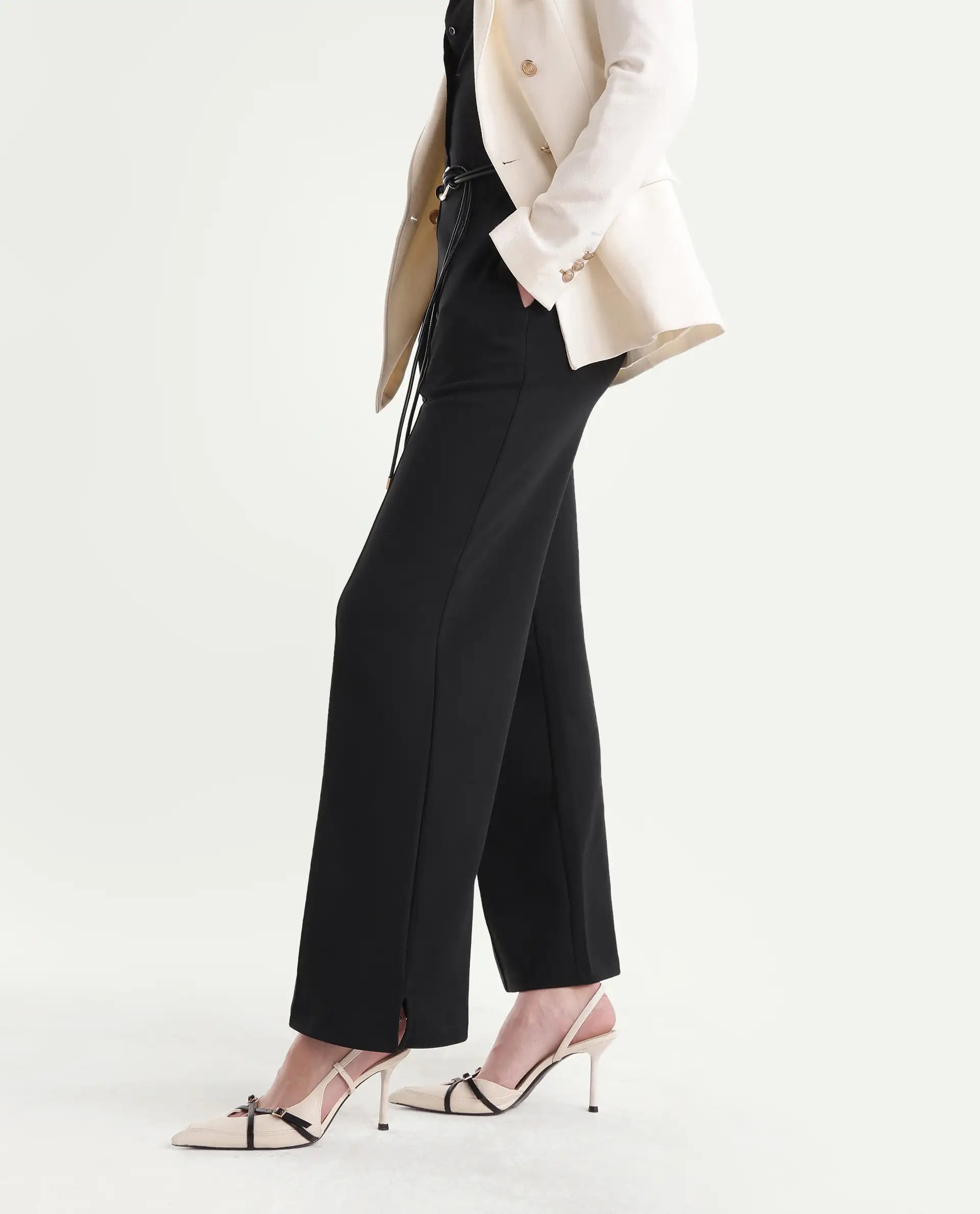 Rareism Women's Pound-B Black Cotton Blend Elastic Straight Track Pant