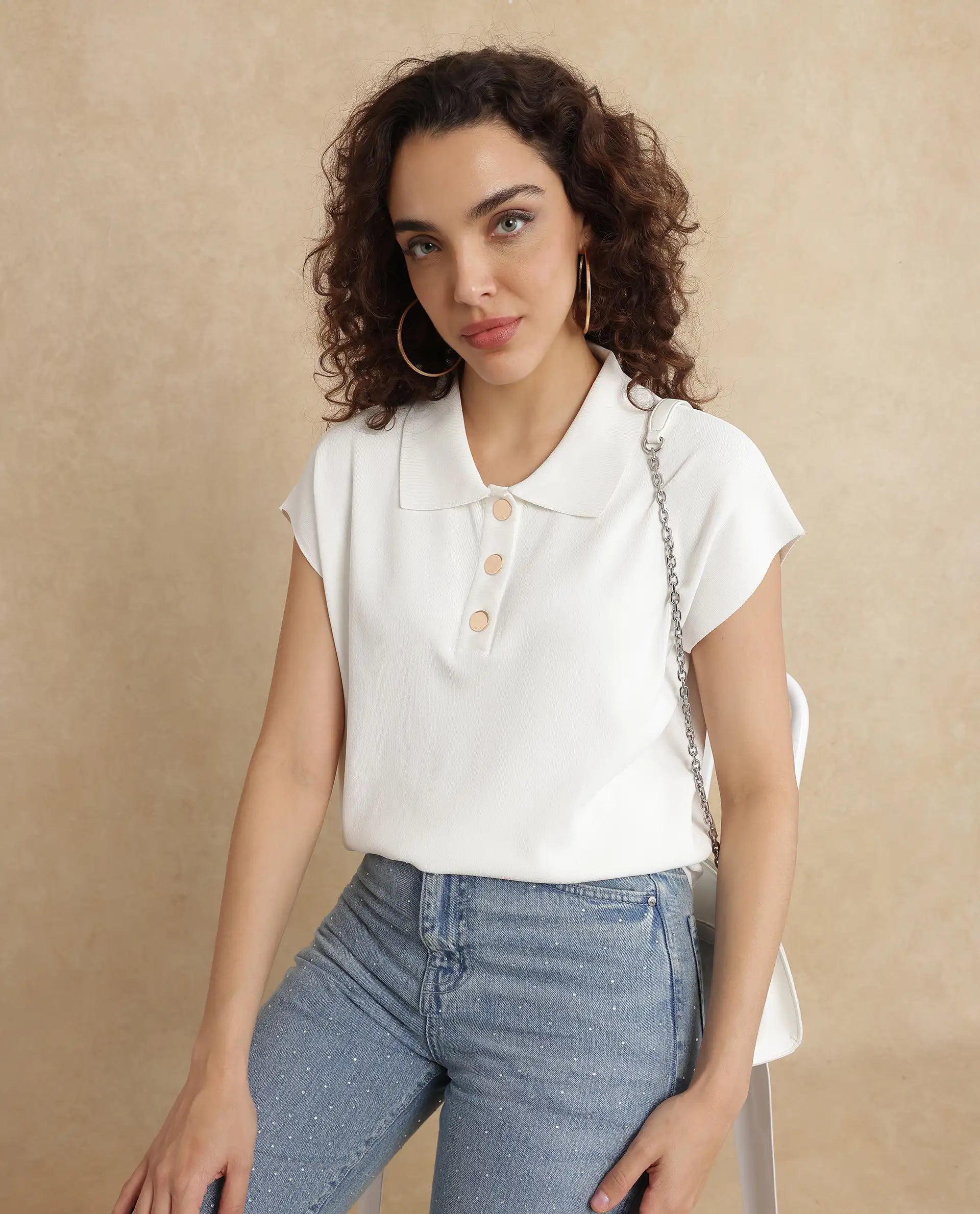 Rareism Women's Prepol Off White Viscose Blend Spread Collar Plain Extended Sleeves Crop Boxy Fit Top