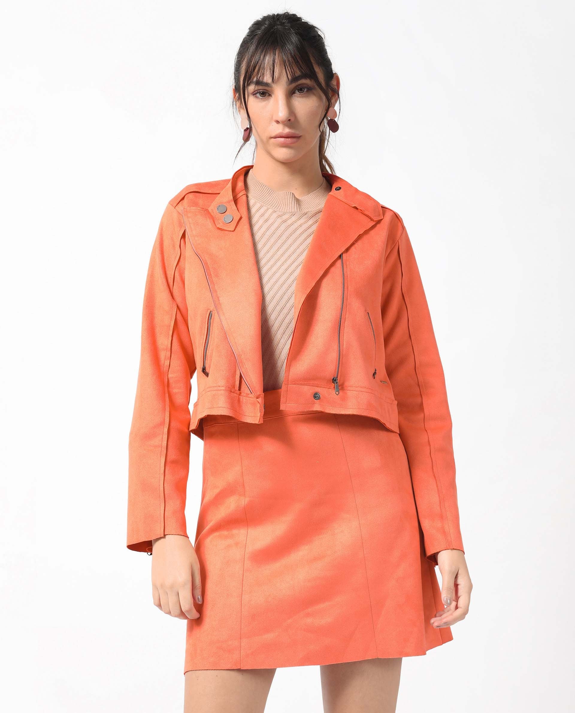 Rareism Women's Rame Orange Polyester Plain Midi Regular Fit Skirt