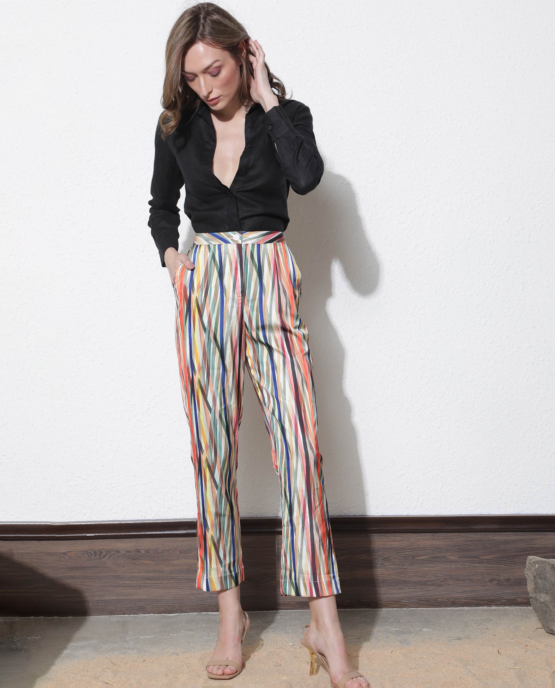Rareism Women's Ransom Multi Modal Striped Ankle Length Tailored Trouser