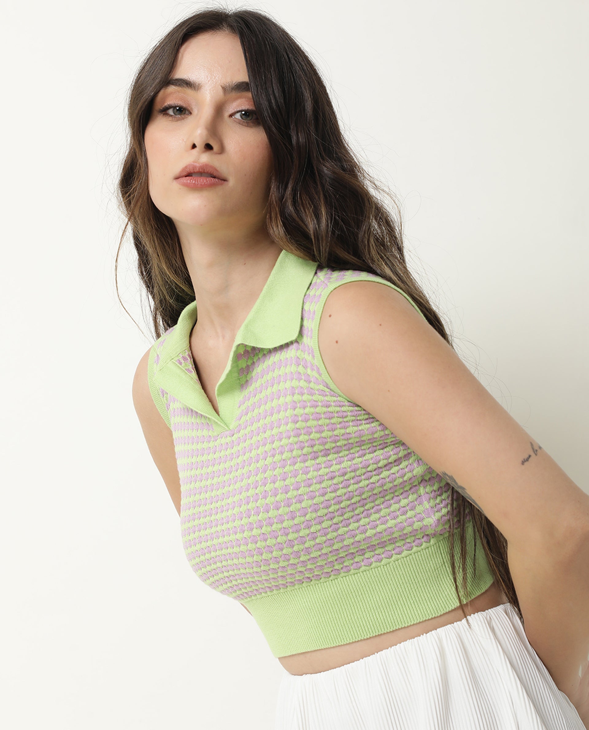 Rareism Women's Rylee Green Cotton Spread Collar Textured Sleeveless Crop Regular Fit Sweater