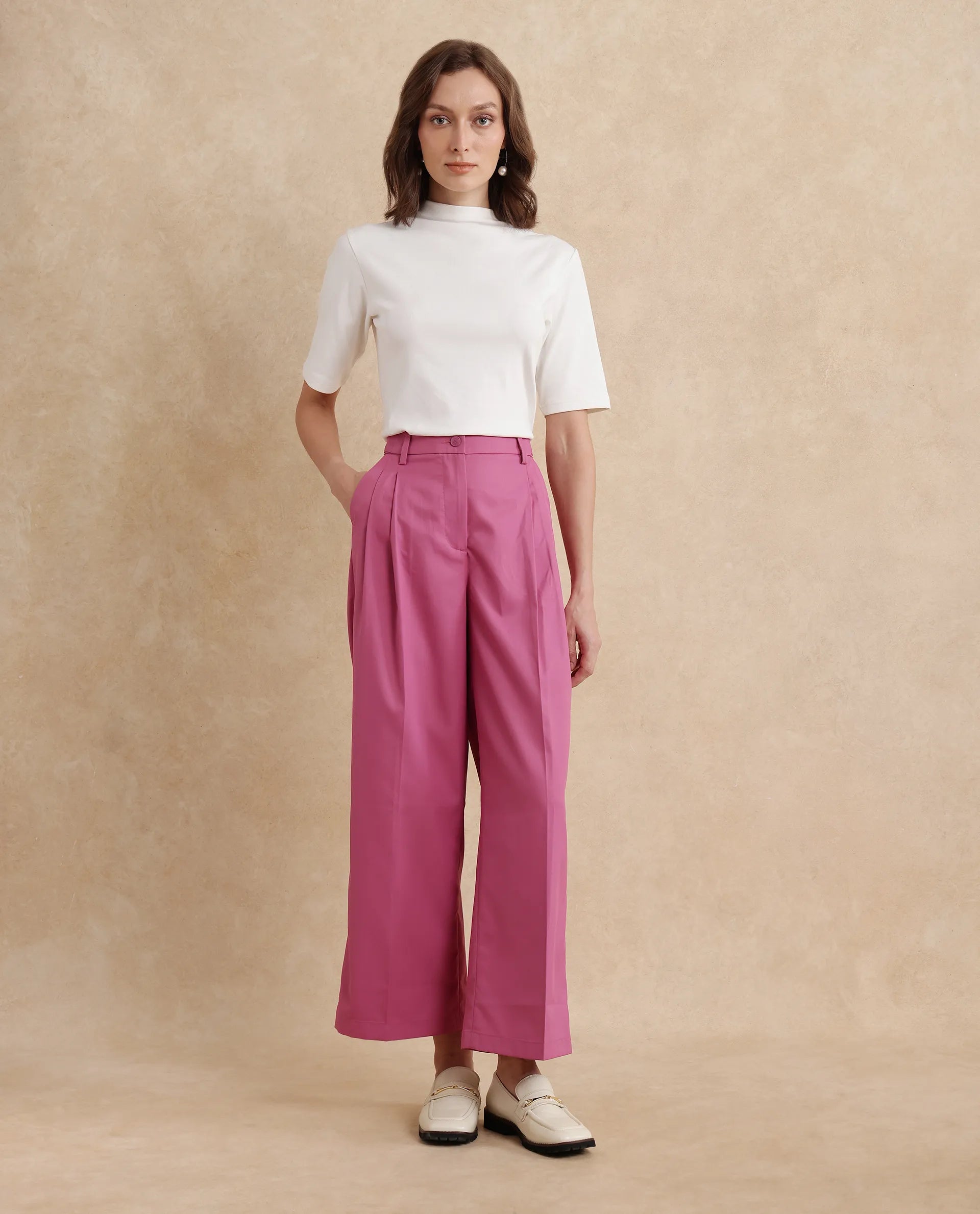 Rareism Women's Simany Pink Polyester Blend Plain Ankle Length Wide Trouser