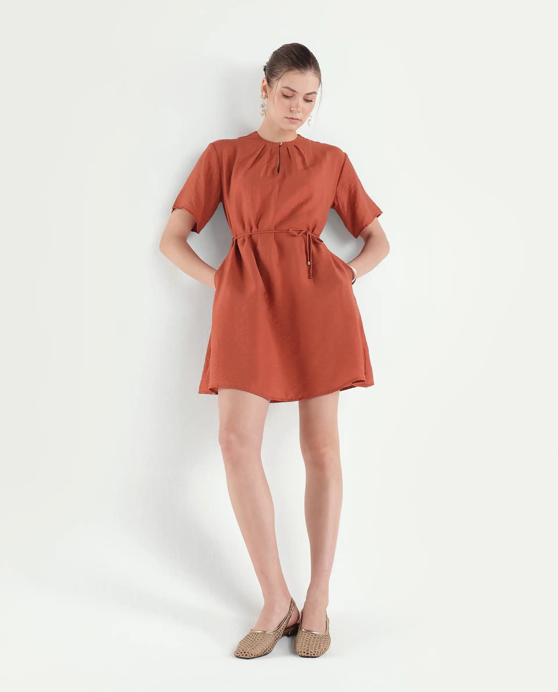 Rareism Women's Spado Primary Rust Viscose Blend Crew Neck A-Line Plain Dress
