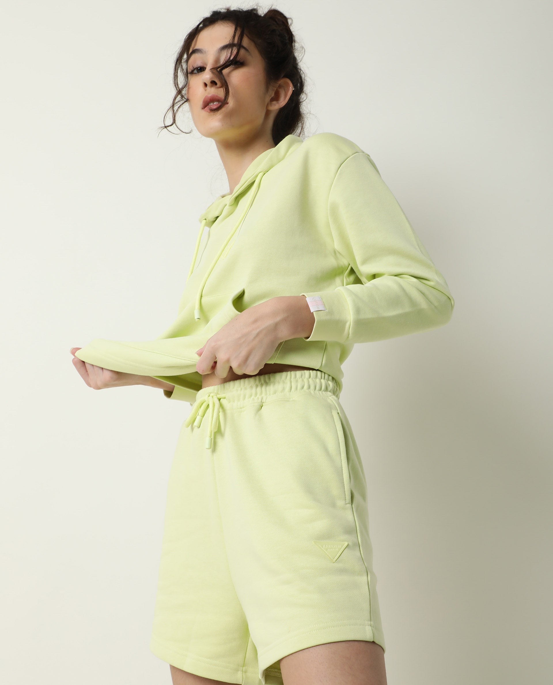 Rareism Women's Spence-1 Lime Green Polyester Blend Plain Mini Regular Fit Shorts