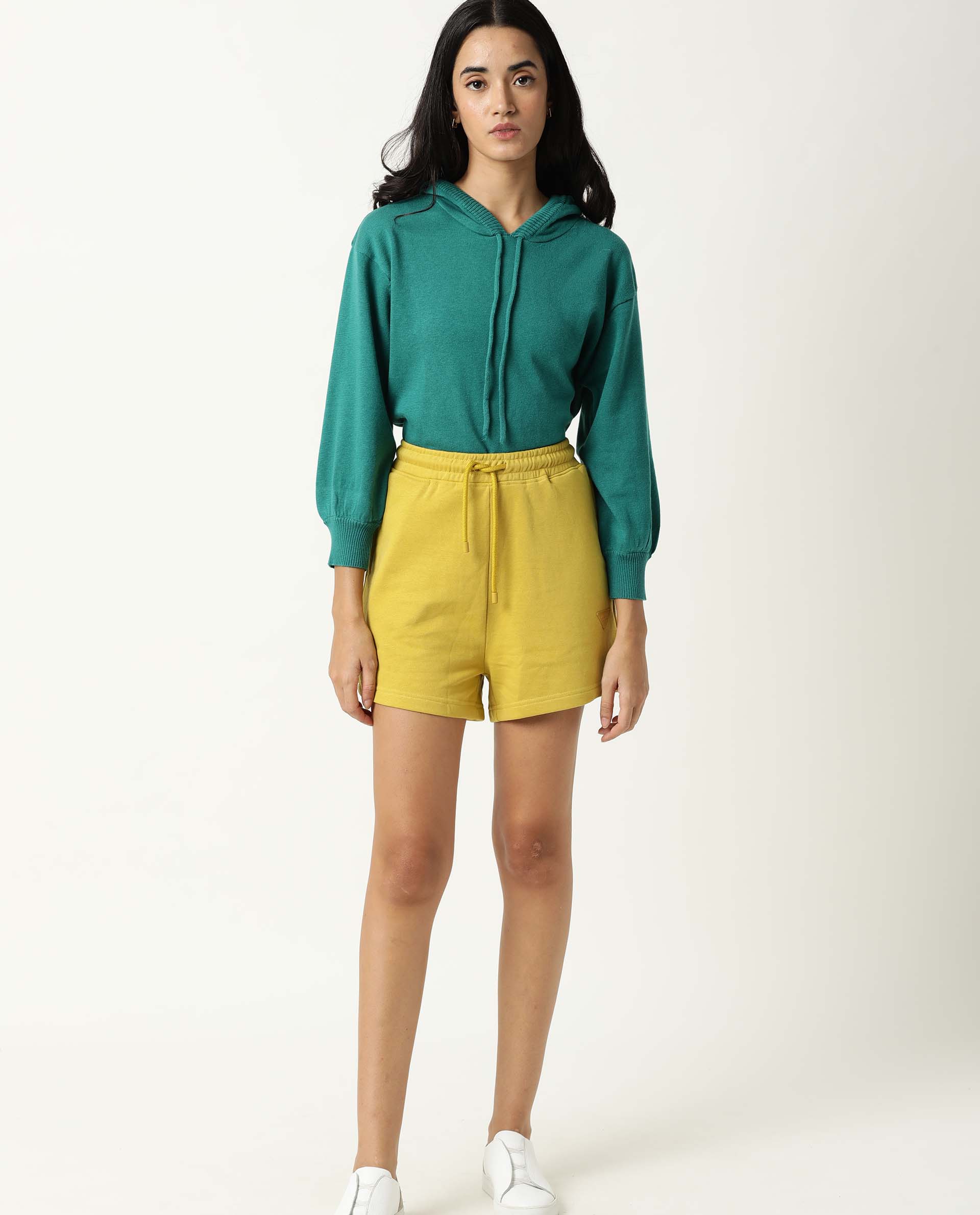 Rareism Women's Spence Yellow Polyester Blend Plain Mini Regular Fit Shorts