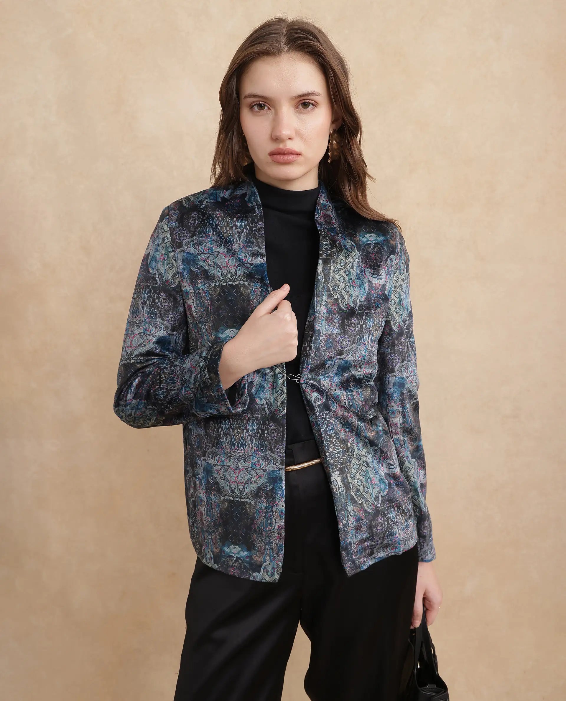 Rareism Women's Valorie Multi Velvet Lapel Neck Abstract Print Cuffed Sleeve Regular Fit Blazer