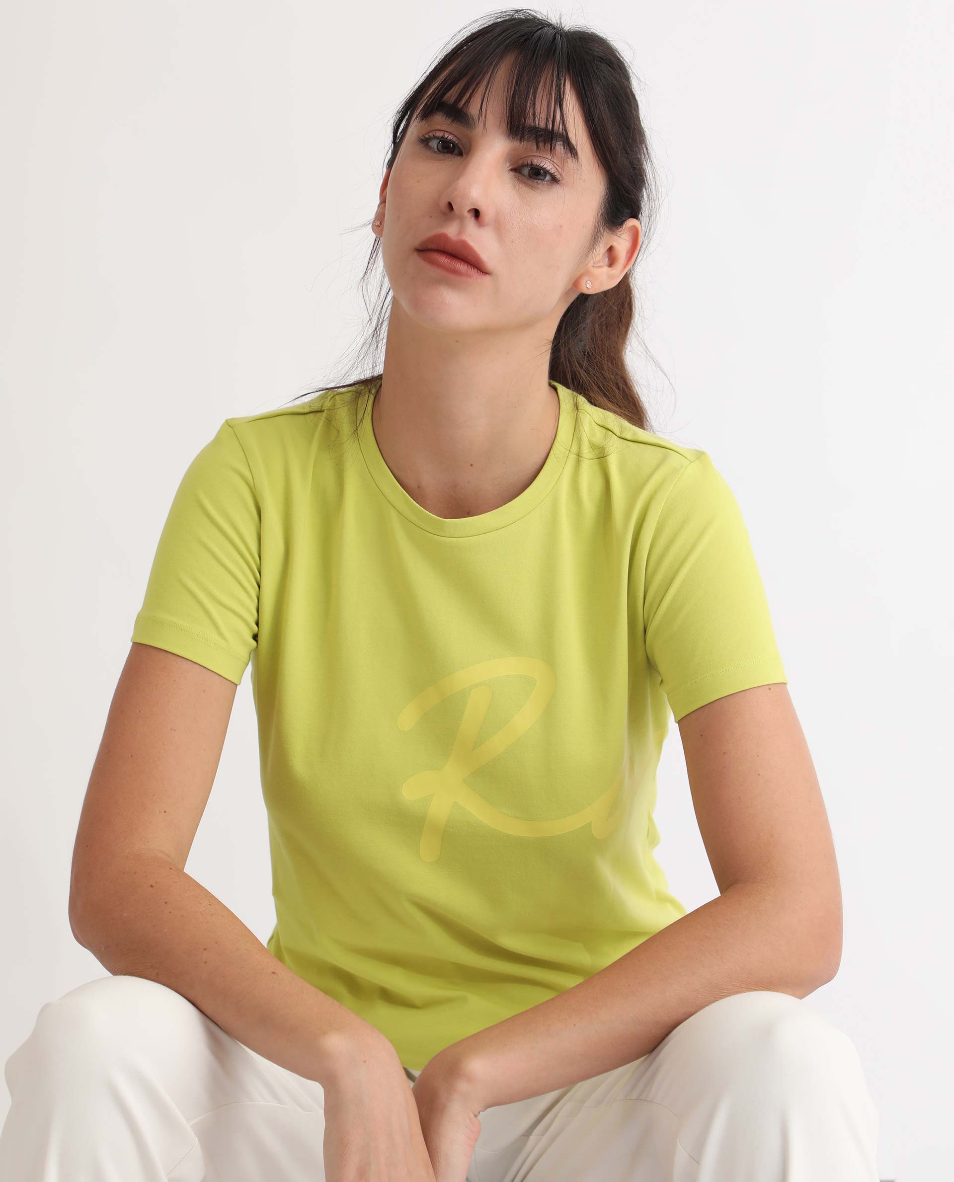 Rareism Women's Vivian Flouroscent Green Cotton Crew Neck Graphic Print Regular Fit T-Shirt