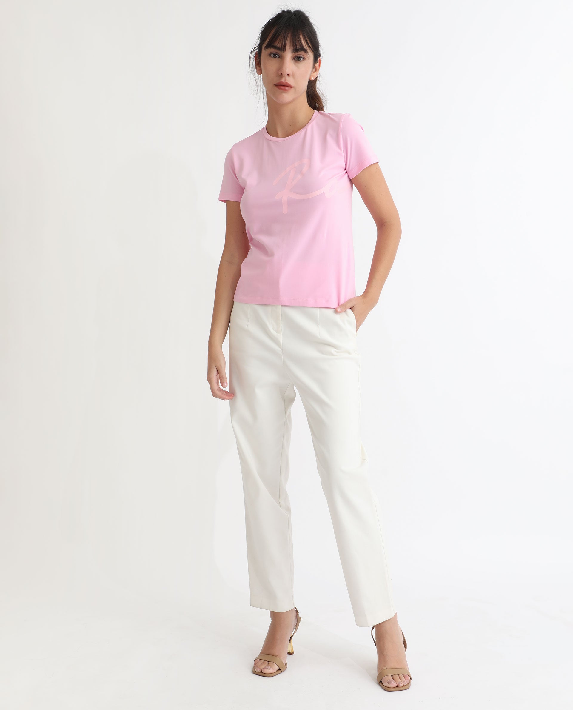 Rareism Women's Vivian Pink Cotton Crew Neck Graphic Print Regular Fit T-Shirt