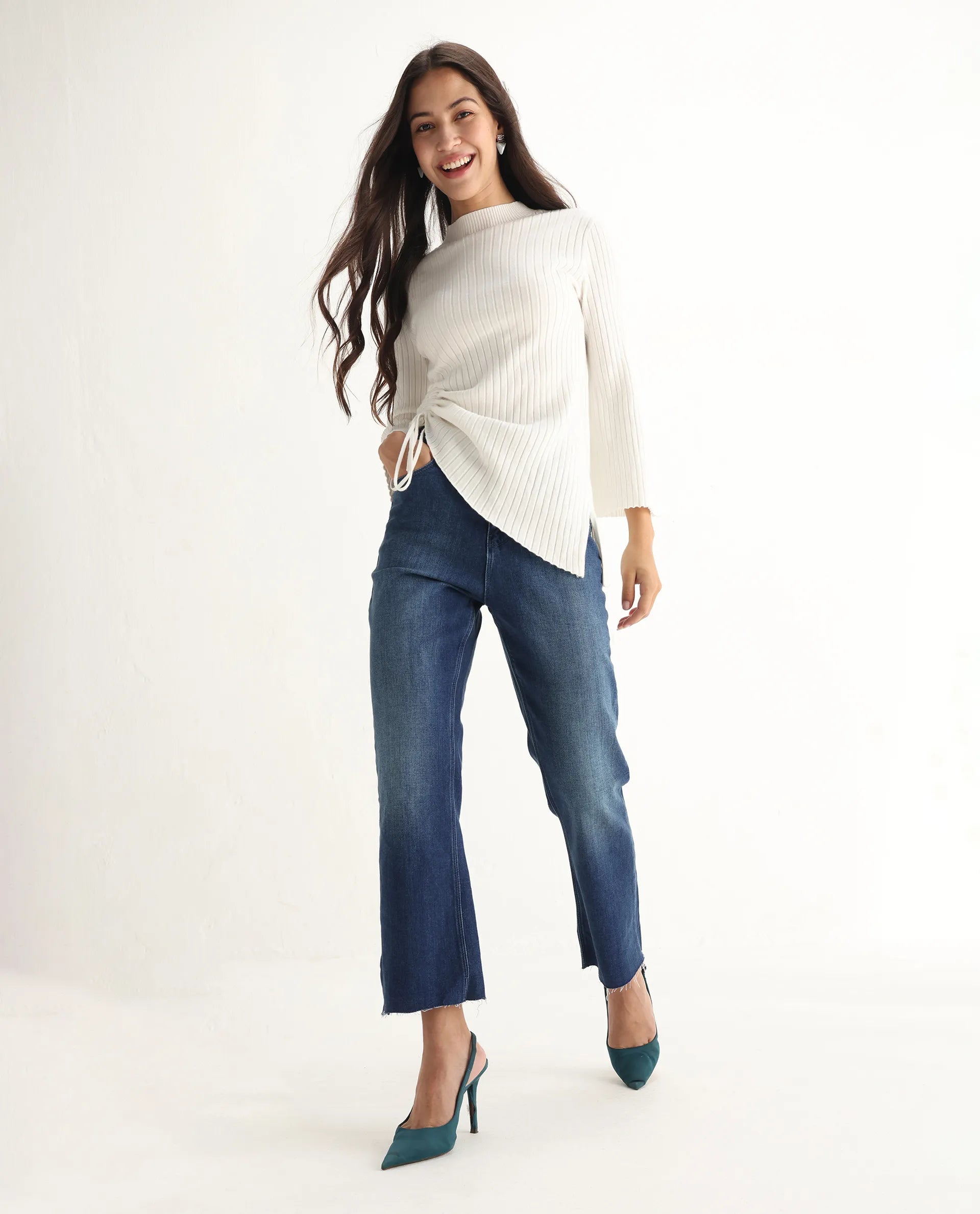 Rareism Women's Winona Blue Cotton Blend Plain Ankle Length Classic Bootcut Jeans