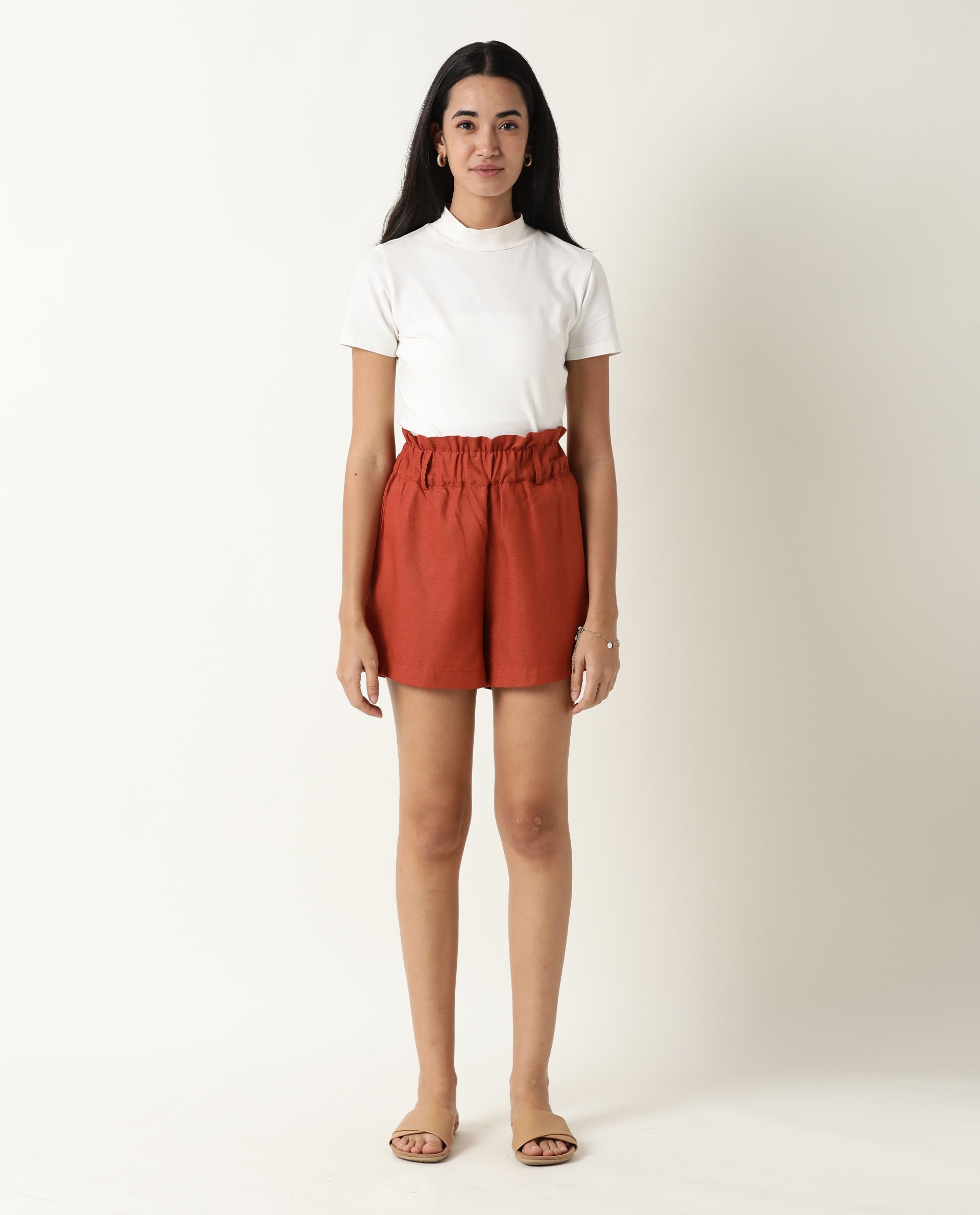 Rareism Women's Wobble Rust Cotton Plain Regular Fit Shorts