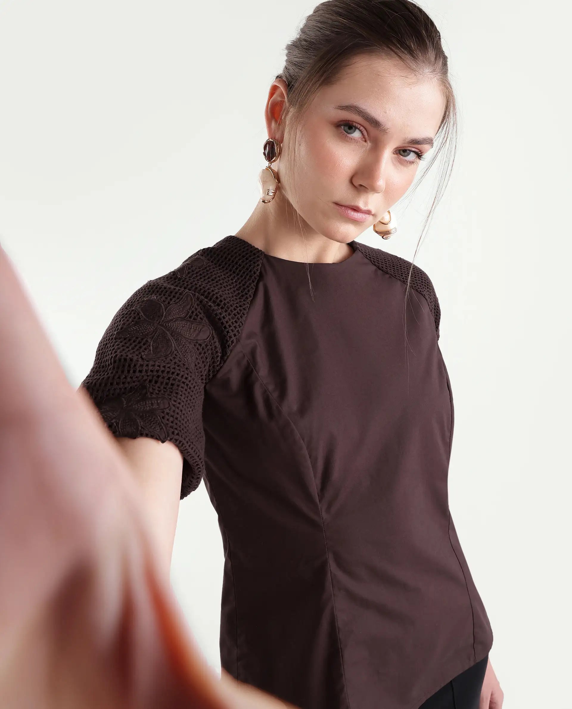 Rareism Women's Yoru Brown Cotton Button And Zip Regular Fit Top