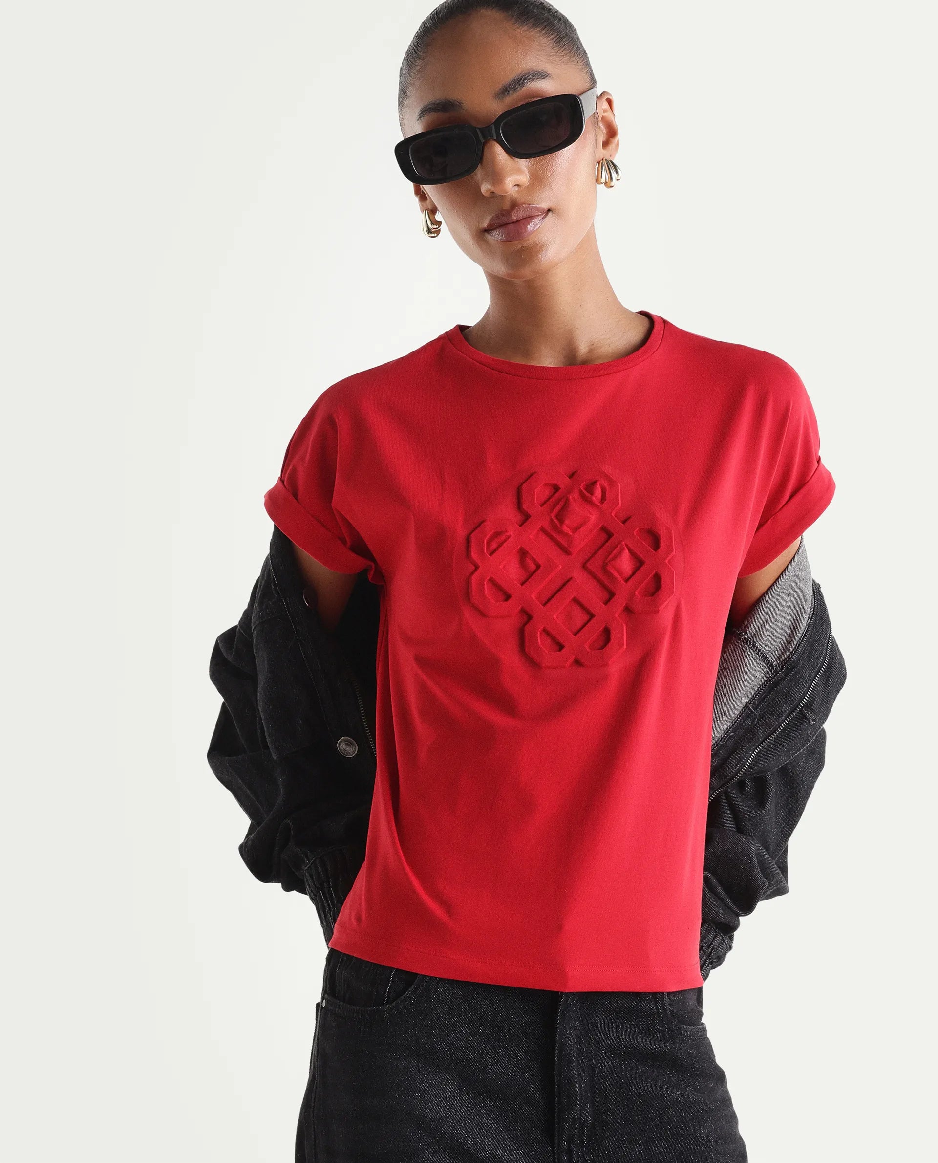 Rareism Women's Zurf Red Cotton Blend Half Sleeve Relaxed Fit Plain T-Shirt