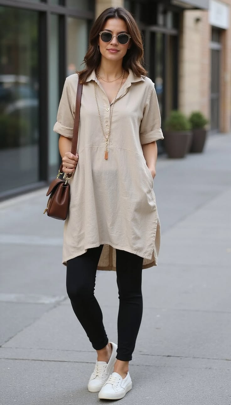 Beige Linen Shirt Dress